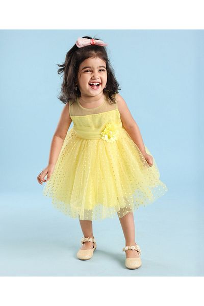Babyhug Babyhug Sleeveless Polka Flock Print Party Frock with Floral Applique- Yellow