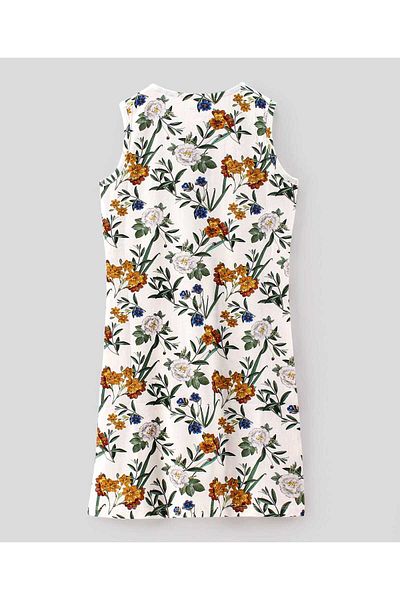Primo Gino Primo Gino Cotton Elastane Sleeveless All Over Digital Print Dress with Zipper - Off White