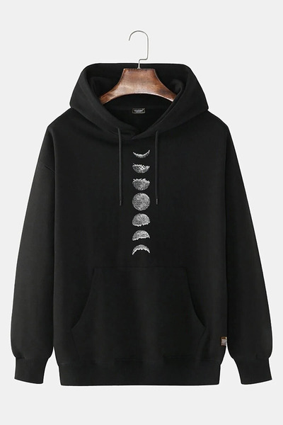 FECCY Hanorac unisex din bumbac, negru, cu imprimeu Black Moon, cu glugă și b...