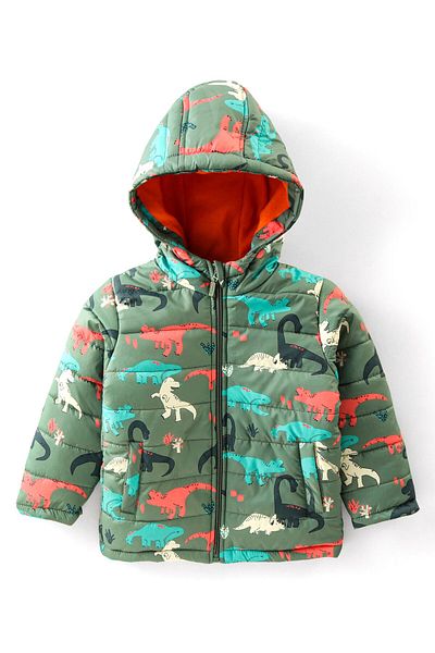 Babyhug Babyhug Full Sleeves Hooded & Padded Jacket Dino Print- Olive