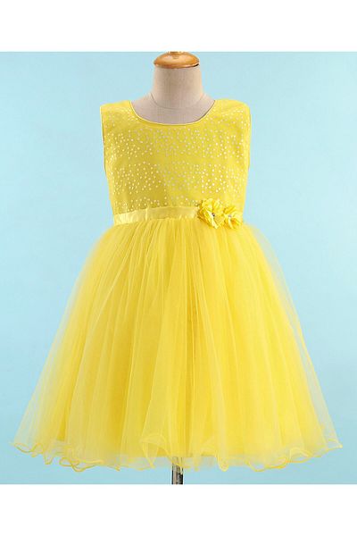 Babyhug Babyhug Sleeveless Sequinned & Embroidered Party Frock with Floral Applique -  Yellow