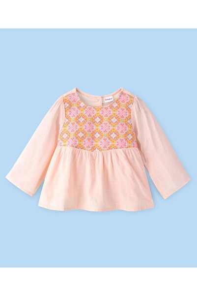 Babyhug Babyhug Full Sleeves 100% Rayon Woven Gathered Top with Embroidery Detailing - Peach