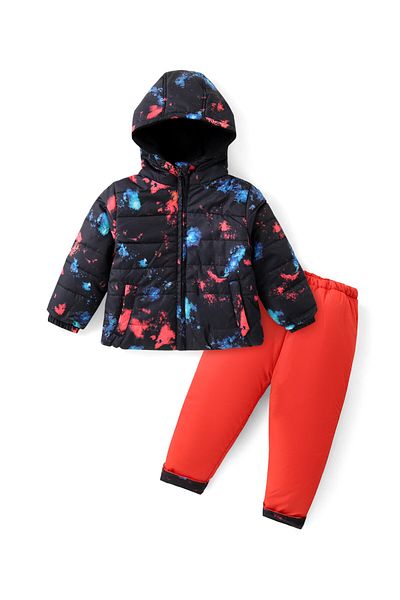 Babyhug Babyhug Woven Full Sleeves Hooded Puffer Winter Wear Suit With Color Splash Print - Black