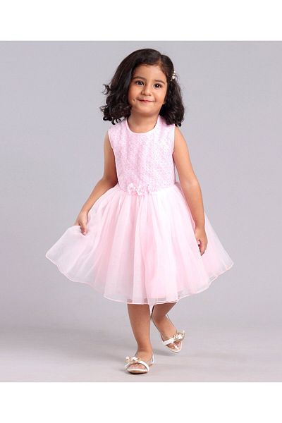 Babyhug Babyhug Sleeveless Party Frock with Sequins & Corsage - Light Pink