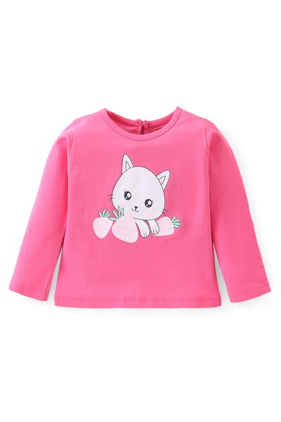 Babyhug Babyhug 100% Cotton Full Sleeves Tee Cat Print - Pink
