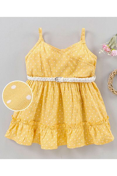 Babyhug Babyhug Singlet Sleeves Frock with Belt Polka Print - Cream