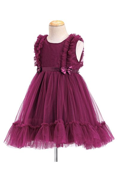 Babyhug Babyhug Sleeveless Mesh Party Frock with Frill Detailing & Bow Applique -  Aubergine