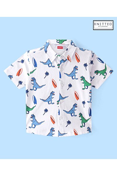 Babyhug Babyhug Cotton Knit Half Sleeves Regular Collar Dino Printed Shirt - White