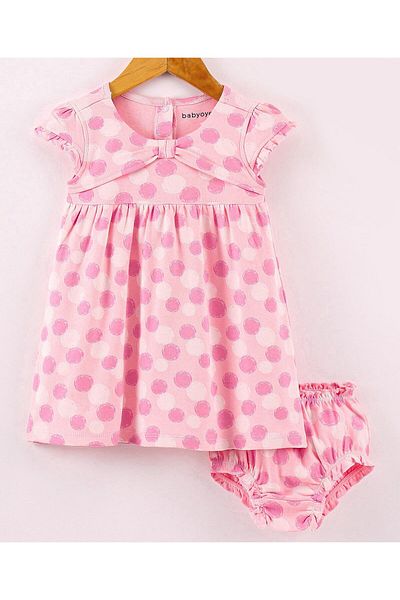 Babyoye Babyoye Eco-Conscious Organic Cotton Cap Sleeves Frock with Bloomer Polka Dots Printed - Pink