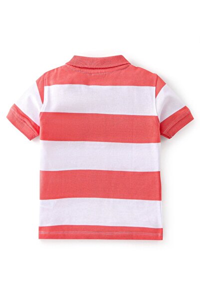 Babyhug Babyhug Cotton Lycra Knit Half Sleeves Striped Polo Tee & Shorts Set - Coral & Blue