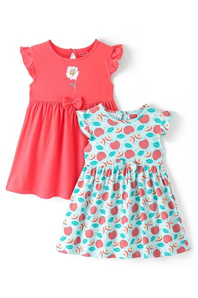 Babyhug Babyhug 2 Pack Cotton Knit  Half Frill Sleeves Frocks Apple Print - Multicolor