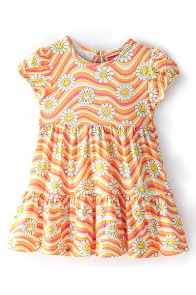 Babyhug Babyhug 100% Cotton Knit Half Sleeves Frock Stripes & Floral Print - White