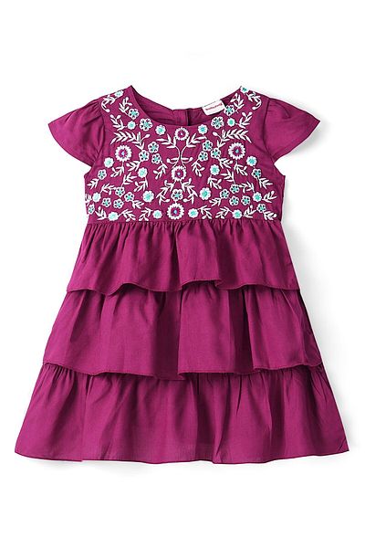 Babyhug Babyhug Rayon Woven Half Sleeves Fluttered Frock with Floral Embroidered - Wine