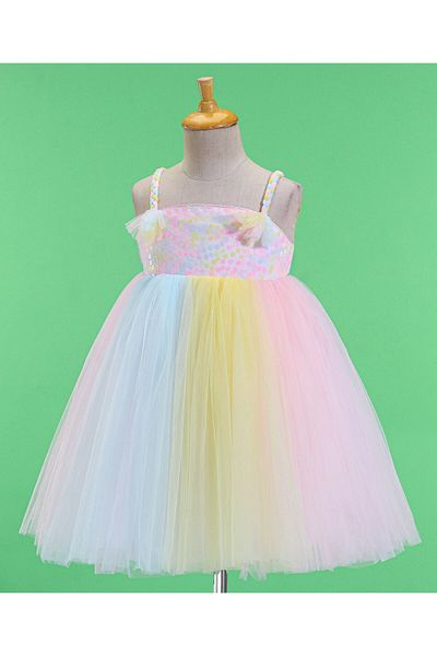 Babyhug Babyhug Sleeveless Party Frock With Mesh & Sequine Detailing - Pink Yellow & Blue