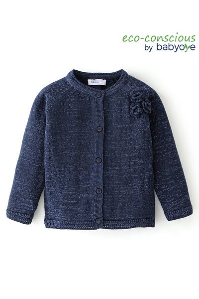 Babyoye Babyoye Eco Conscious 100% Cotton Knit Full Sleeve Solid Colour Sweater Floral Corsage -Navy Blue