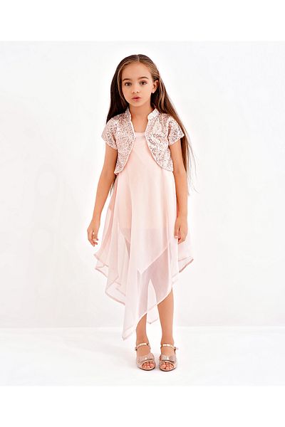 Primo Gino Primo Gino Asymmetrical Solid Frock with Half Sleeves Sequined Shrug - Pink
