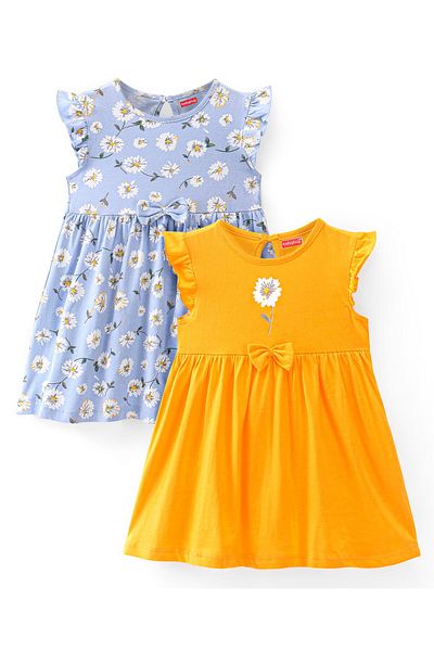 Babyhug Babyhug Cotton Knit Short Sleeves Round Neck Knee Length Frocks Floral Print Pack of 2 - Multi Color