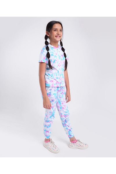 Ollington St. Ollington St. 100% Cotton Tie and Dye Half Sleeves Hooded Top and Knit Joggers Set - Multicolor