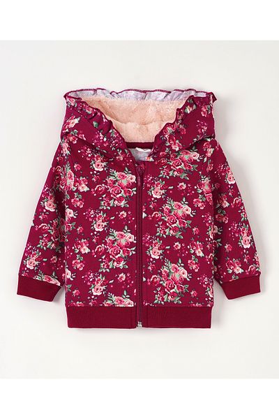 Babyhug Babyhug Cotton Knit Full Sleeves Hooded Jacket Floral Print - Maroon
