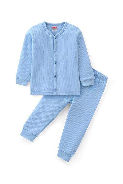 Babyhug Babyhug Cotton Full Sleeve Vest & Legging Thermal Wear Solid Colour - Blue