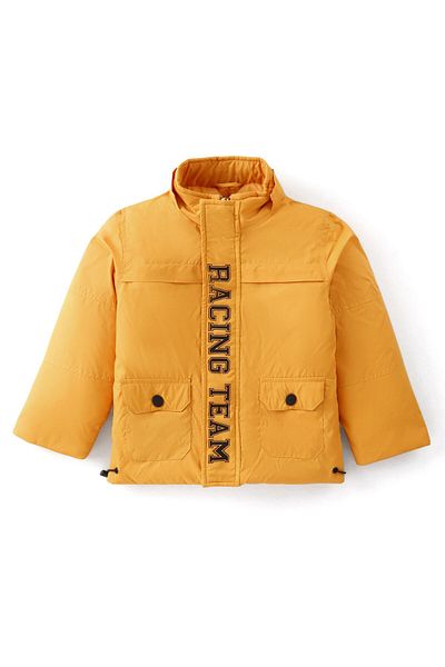 Babyhug Babyhug Full Sleeves Solid Colour & Text Print Padded Jacket with Detachable Hood - Mustard