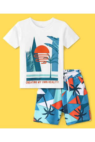 Ollington St. Ollington St. 100% Cotton Half Sleeves T-Shirt & Shorts Set With Tropical Print - White & Blue
