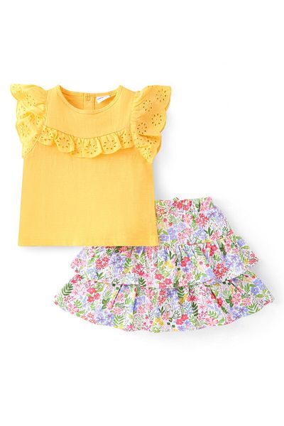 Babyhug Babyhug 100% Cotton Sleeveless  Top & Skirt Set with  Frill Detailing & Floral Print -Yellow & White