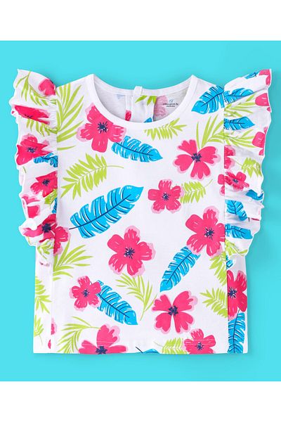 Ollington St. Ollington St. 100% Cotton Frill Sleeve Top & Skirt Button  & Floral Printed-White & Hot Pink