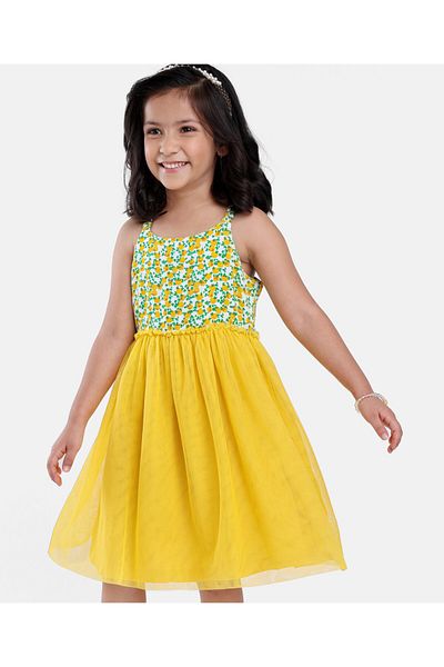 Babyhug Babyhug 100% Cotton Woven Sleeveless Frock With Floral Print - Green & Yellow