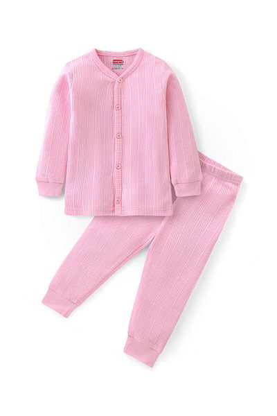 Babyhug Babyhug Cotton Full Sleeves Front Open Thermal Vest And Leggings- Pink