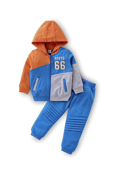 Babyhug Babyhug Cotton Knit Full Sleeves Hooded T-Shirt & Joggers Set With Number Embroidery - Brown & Blue
