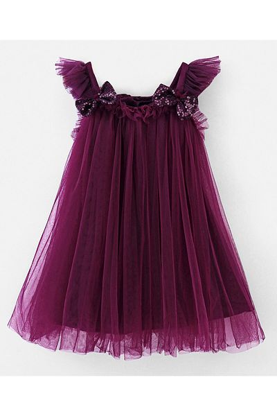 Babyhug Babyhug Sleeveless A Line Mesh Party Frock With Bow Applique - Aubergine