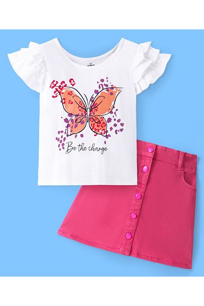 Ollington St. Ollington St. 100% Cotton Frill Sleeve Top Butterfly Print & Skirt Button Detailing-White & Pink