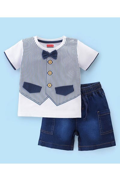 Babyhug Babyhug Cotton Knit Half Sleeves Striped T-Shirt with Attached Bow & Denim Shorts Set - White & Blue