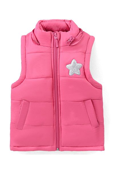 Babyhug Babyhug Sleeveless Solid Color Padded Hooded Jacket With Star Patch Detailing - Pink
