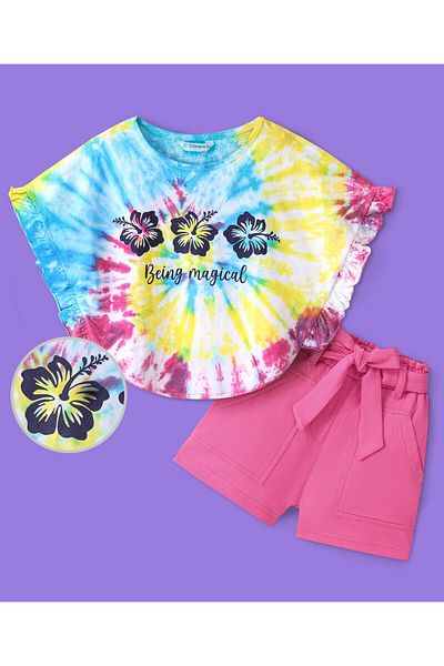 Ollington St. Ollington St. 100% Cotton Half Sleeves Tie & Die Top & Shorts Set Floral Print - Multicolour