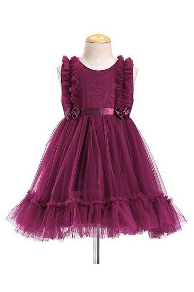 Babyhug Babyhug Sleeveless Mesh Party Frock with Frill Detailing & Bow Applique -  Aubergine