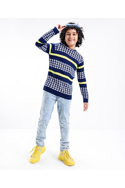 Pine kids Uzun Kollu Intarsia Tasarım Kazak - مافي