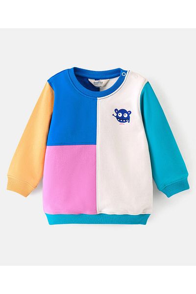 Bonfino Bonfino 100% Cotton Full Sleeves Color Block Pattern Sweatshirt - White