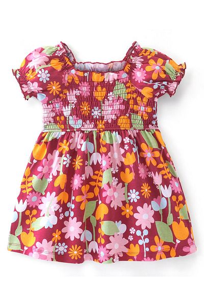 Babyhug Babyhug Cotton Knit Half Sleeves Floral Print Frock - Wine