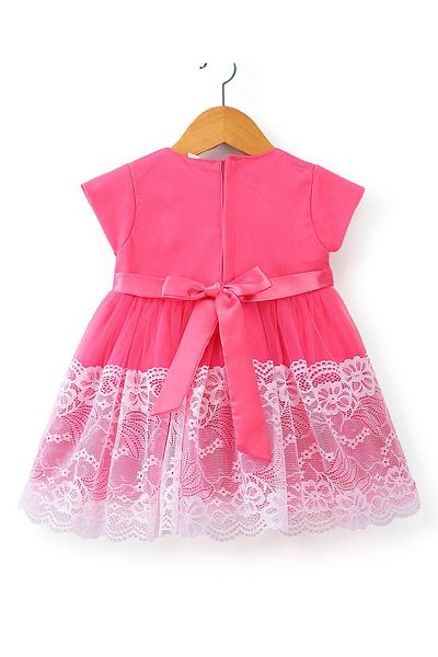 Babyhug Babyhug Cap Sleeves Lace & Mesh Detailing with Bow Party Frock - Candy Pink