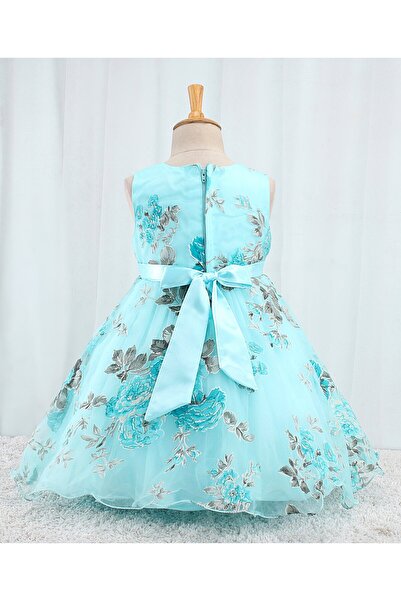 Babyhug Babyhug Sleeveless  Organza Party Frock With Floral Print & Bow Applique- Grey