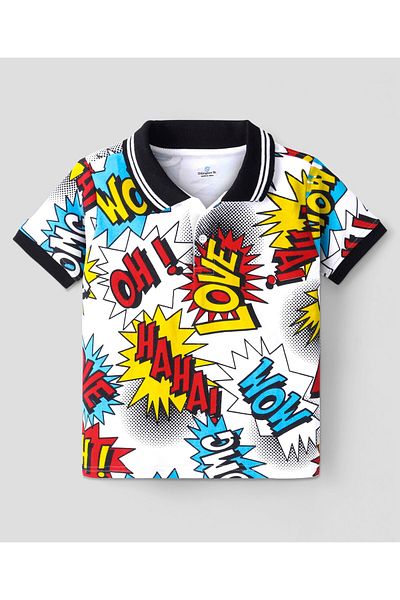 Ollington St. Ollington St. 100% Cotton Half Sleeve Polo T-Shirt & Lounge Pants With All Over Print -White & Black