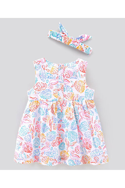 Bonfino Bonfino Sleeveless Cotton Frock With Headband Leaf Print - White