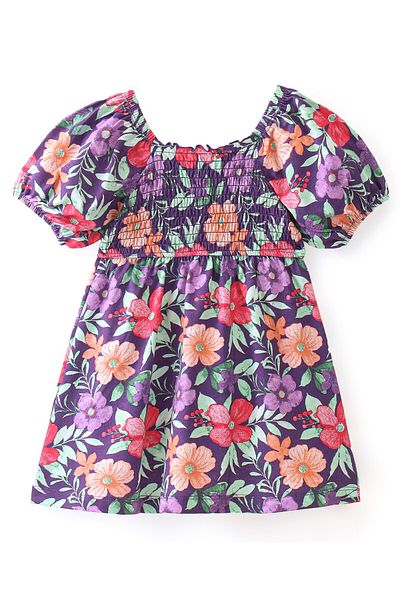Babyhug Babyhug Cotton Knit Half Sleeves Frock With Floral Print - Purple