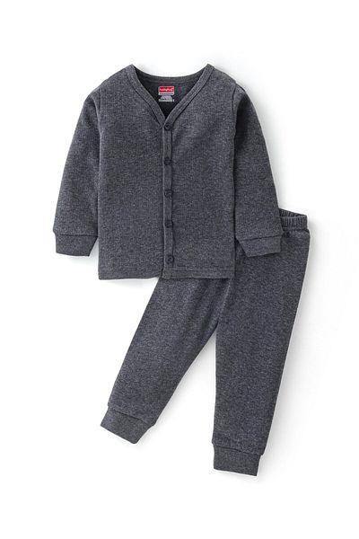 Babyhug Babyhug Cotton Full Sleeves Front Open Thermal Vest & Pants - Dark Grey