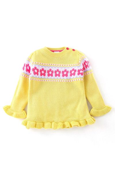 Babyhug سترة Babyhug المصنوعة من الأكريليك بنسبة 100% بأكمام كاملة وتصميم زهور - أصفر