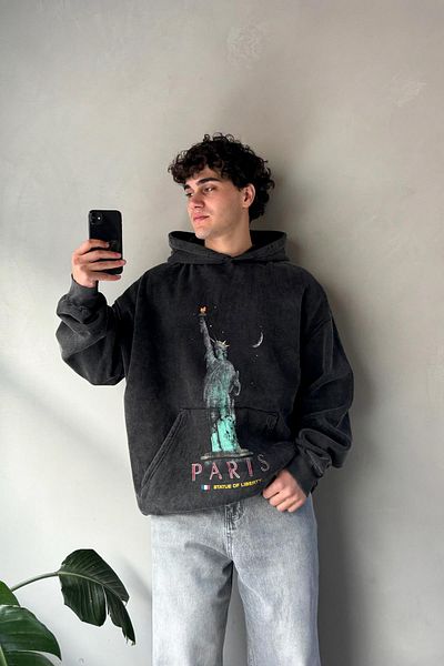 Flaw Wear Paris Printed Acid Wash Oversize Hoodie