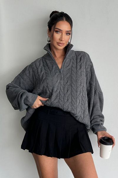 fehika Women's Gray Half Zippered Hair Knit Pattern Sweater