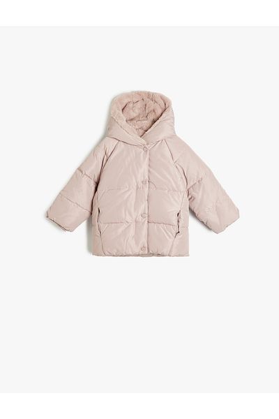 Koton Plush Detailed Hooded Puffer Jacket - Zippered Pocket